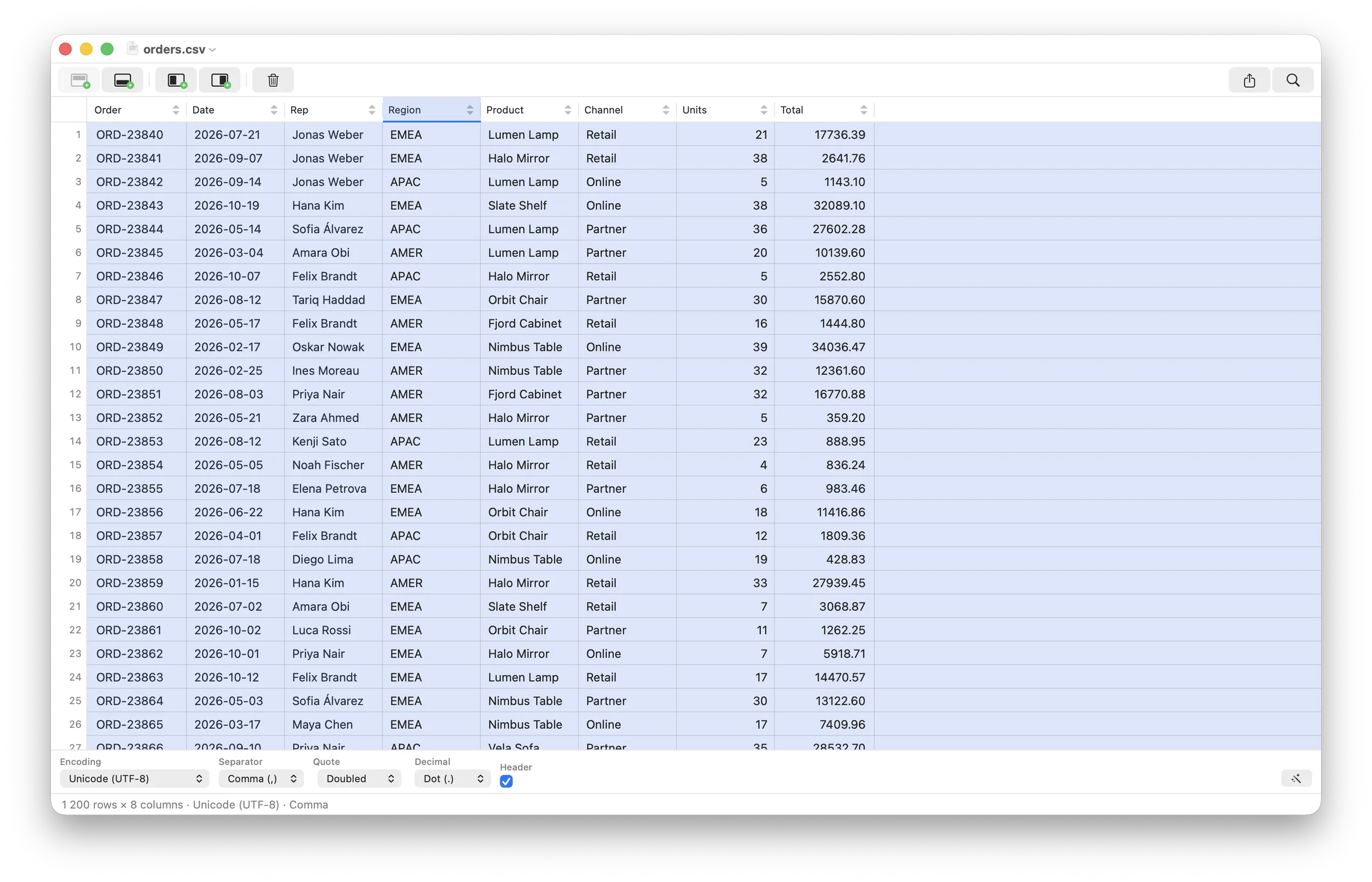 A column selected in TabTool for macOS, with its header menu and the rest of the table dimmed.